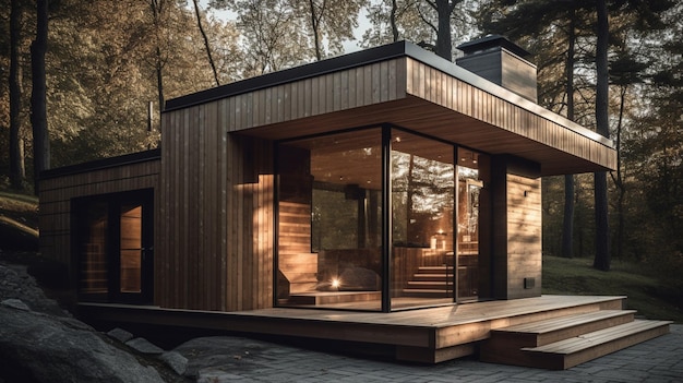 Una casa di legno nel bosco con una grande porta a vetri.