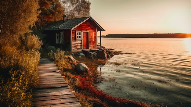 Una casa di legno su un lago con un tramonto sullo sfondo
