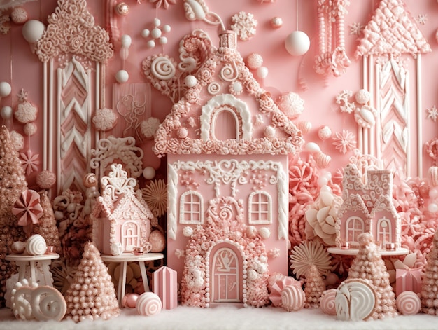 Una casa di marzapane rosa è realizzata dall'artista.