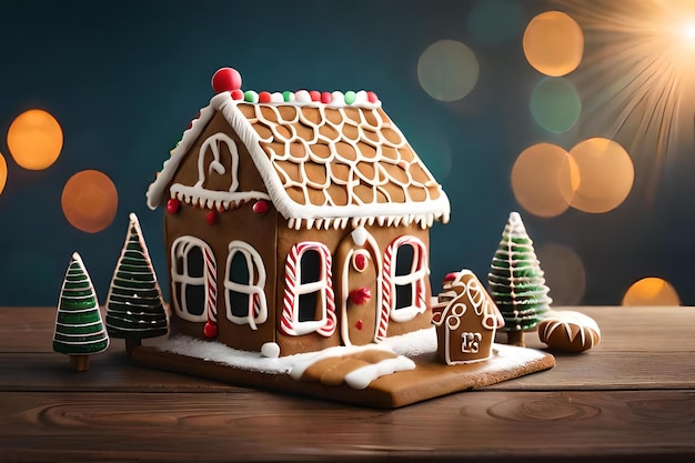 Una casa di pan di zenzero con un albero di Natale in cima.