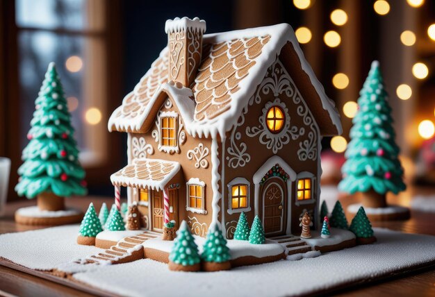 una casa di pan di zenzero con un albero di Natale in cima