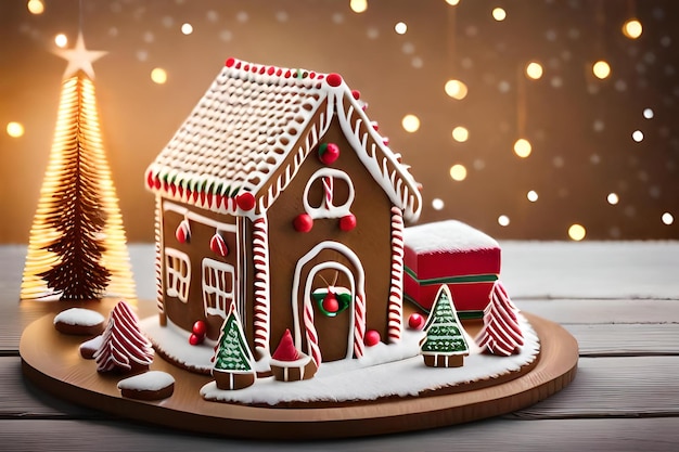 Una casa di pan di zenzero con un tetto coperto di neve e un albero di Natale sullo sfondo.