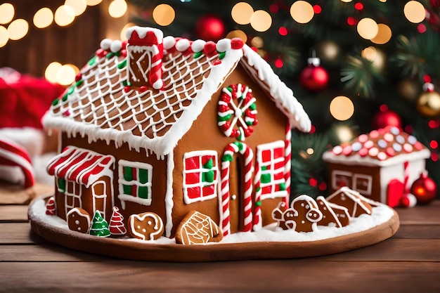 Una casa di pan di zenzero decorata con un albero di Natale e una ghirlanda di canne di caramelle.