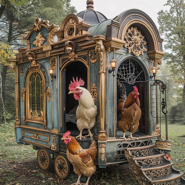 una casa di pollo con un gallo sulla parte anteriore