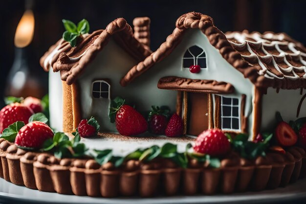 Una casa di torte è posizionata su un tavole realistico