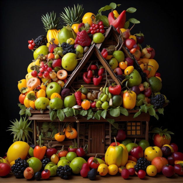 Una casa fatta di frutta e verdura è circondata da un mucchio di frutta.
