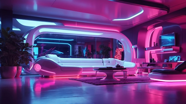 Una casa futuristica con vivaci interni illuminati al neon, eleganti mobili moderni e opere d'arte astratta