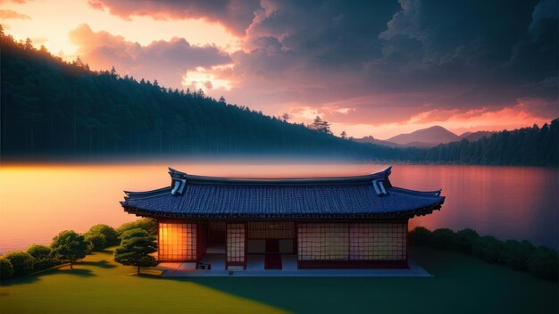 Una casa giapponese con una montagna sullo sfondo