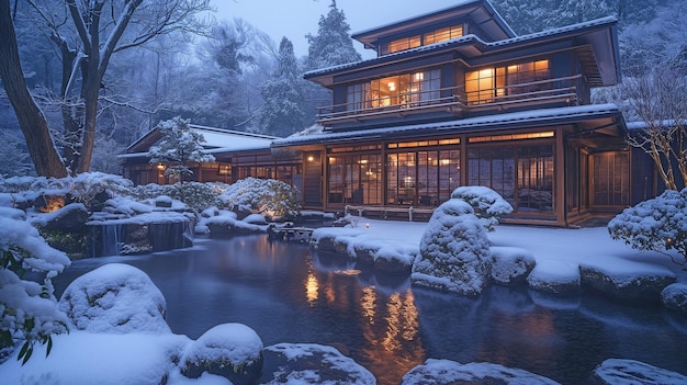 Una casa giapponese moderna classica convenzionale con un giardino giapponese durante l'inverno conosciuta come onsen ryokan