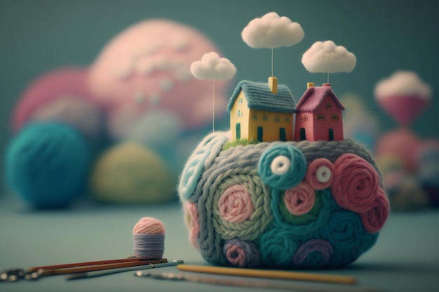 Una casa giocattolo si trova sopra un pezzo di carta accanto a un gomitolo di lana.