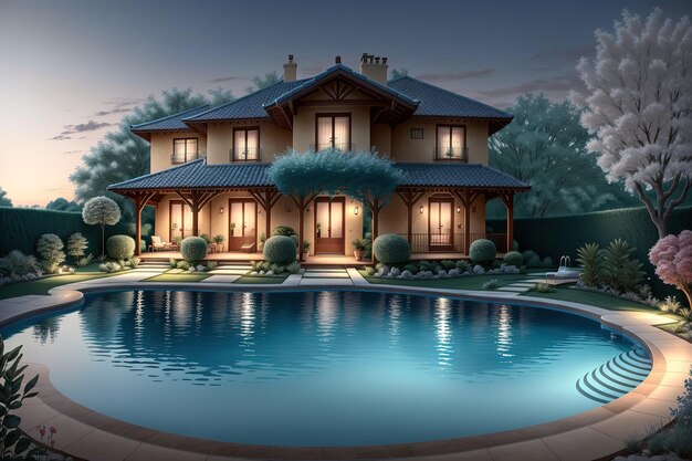 Una casa in giardino con una piscina e una casa sullo sfondo