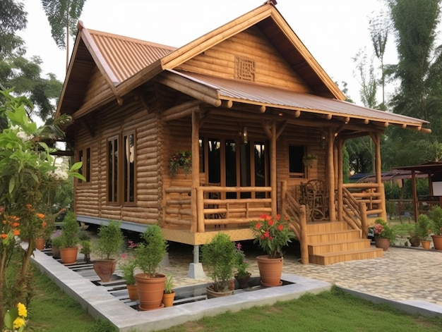 Una casa in legno con portico e porticato