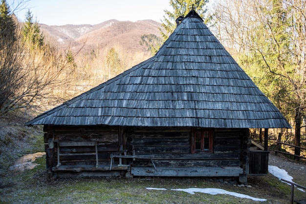 Una casa in legno con tetto in legno e una montagna sullo sfondo.