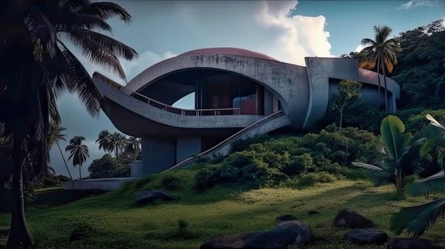 Una casa in mezzo a un campo verde con palme sullo sfondo.