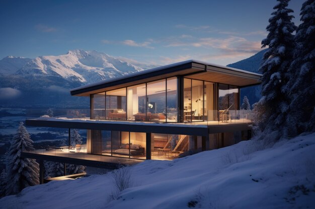 una casa in mezzo a una montagna innevata