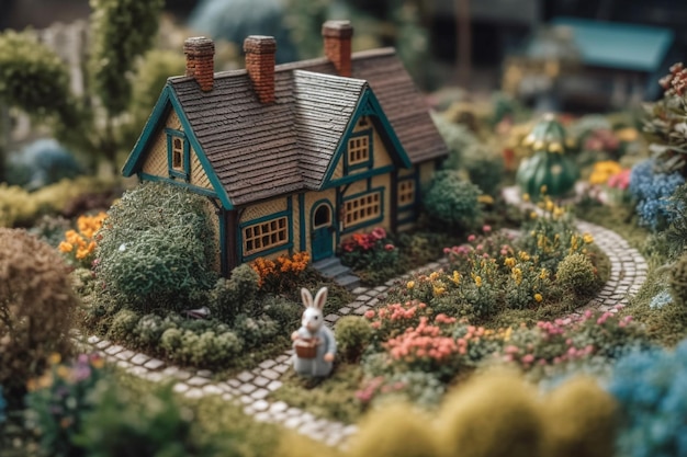 Una casa in miniatura con un coniglietto davanti