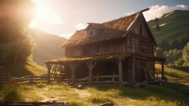 Una casa in montagna con il sole che tramonta alle spalle