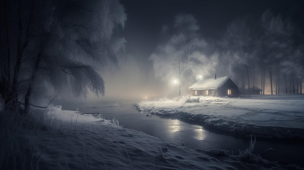 Una casa in riva al fiume in inverno