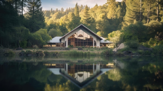 Una casa in riva al lago con alberi sullo sfondo