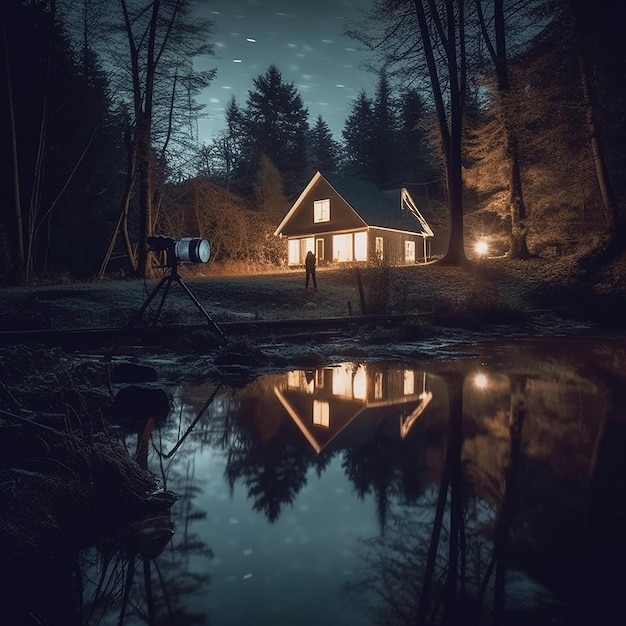 Una casa in riva al lago con il riflesso delle luci sull'acqua.