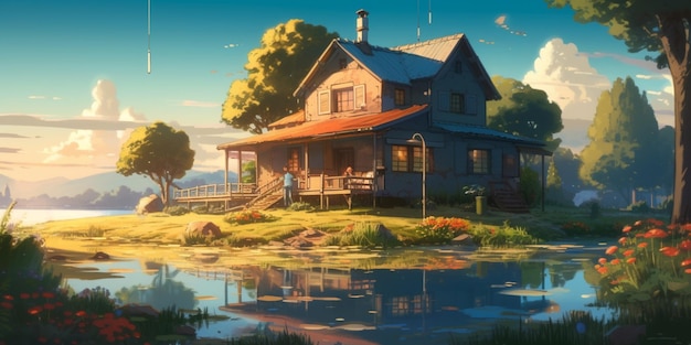 Una casa in riva al lago con il riflesso di un uomo in piedi di fronte.