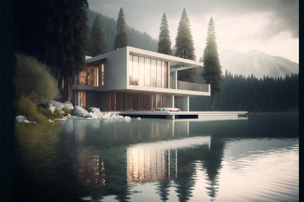 Una casa in riva al lago con un lago e montagne sullo sfondo.