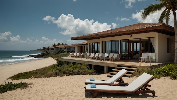 Foto una casa in spiaggia con sedie a sdraio e un balcone con l'oceano sullo sfondo