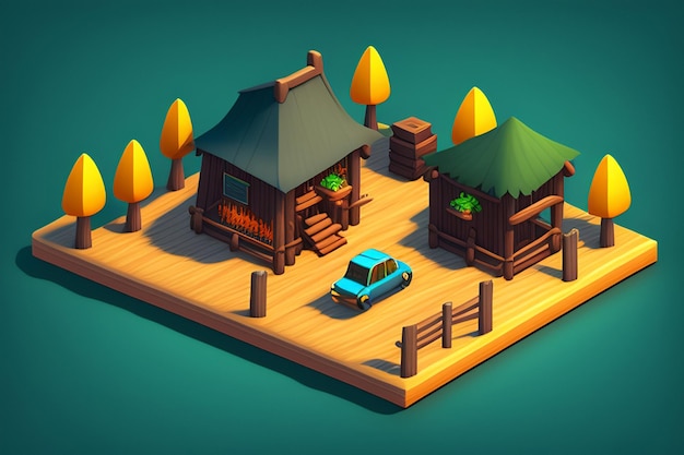 Una casa in stile low poly con una casetta e una casetta.