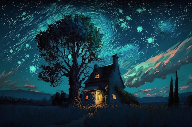 Una casa in un campo con un albero e la luna