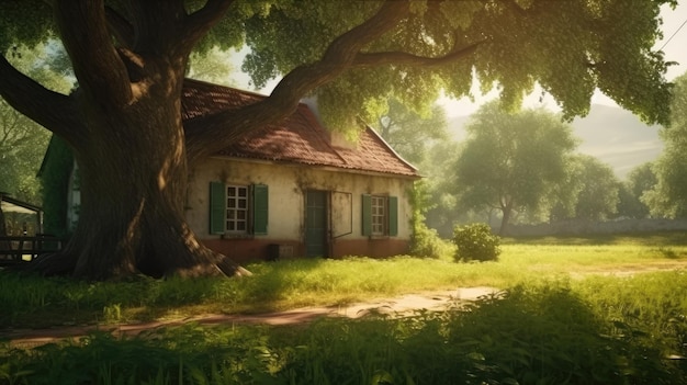 Una casa in un campo con un albero sullo sfondo