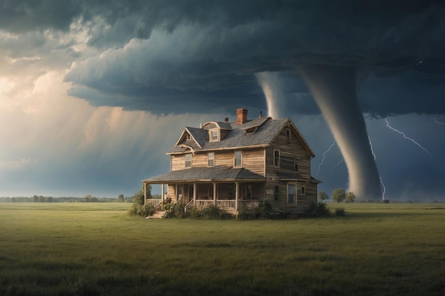 Una casa in un campo con un tornado sullo sfondo ai generativo