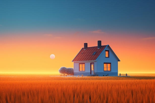 Una casa in un campo con un tramonto sullo sfondo