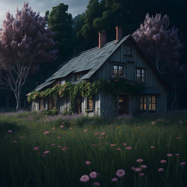 Una casa in un campo di fiori con un cielo scuro sullo sfondo.