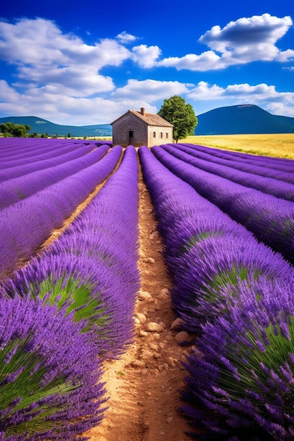 una casa in un campo di lavanda con una casa sullo sfondo