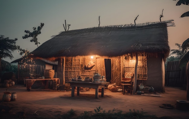 Una casa in un villaggio in vietnam con una luce sul tetto