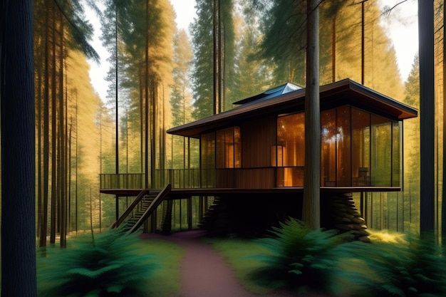 Una casa in una foresta con un albero sullo sfondo