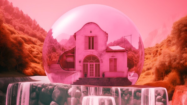 Una casa in una palla di vetro con uno sfondo rosa