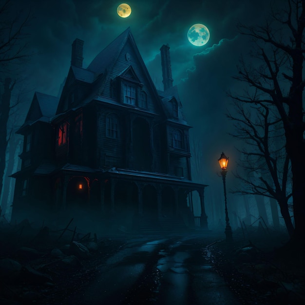 Una casa infestata con la luna sullo sfondo