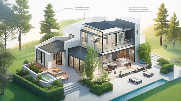 Una casa intelligente futuristica in cui la tecnologia incontra l'efficienza energetica di lusso e la perfetta integrazione con la natura