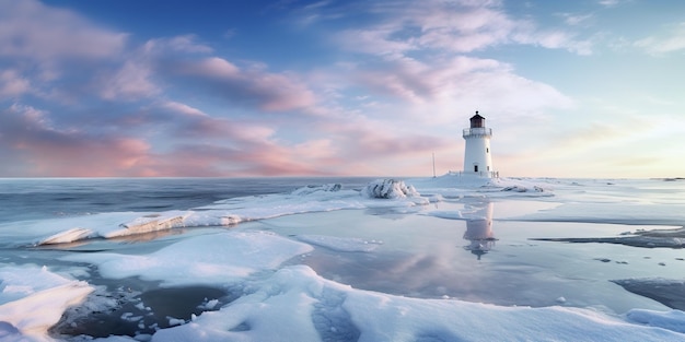 Una casa luminosa che si trova in cima a un'immagine generativa ai della spiaggia innevata