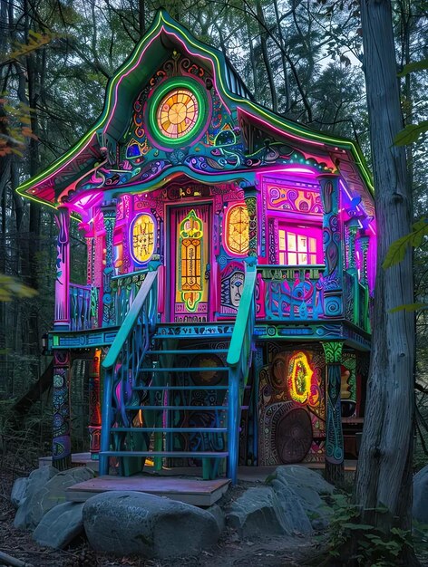 Una casa luminosa nel bosco con le scale