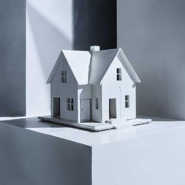 una casa modello con un tetto bianco e uno sfondo nero