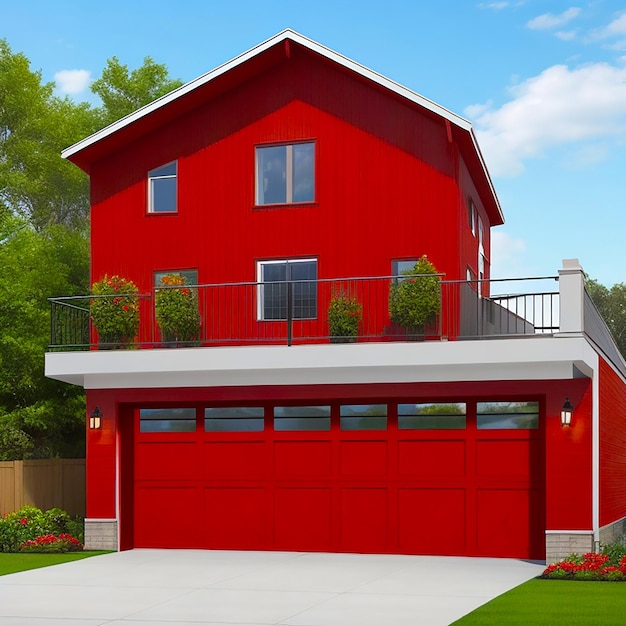 Una casa moderna a due piani con una porta di garage rosso brillante e un garage ben illuminato generato dall'AI