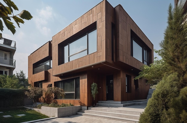 Una casa moderna con un esterno marrone e un albero verde in primo piano.