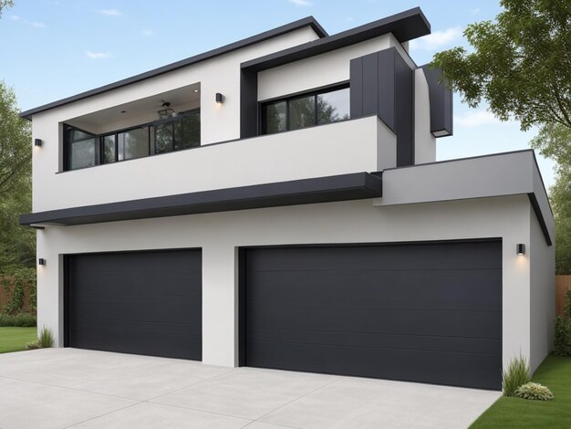 Una casa moderna con un garage e una porta del garage e un posto auto da giardino