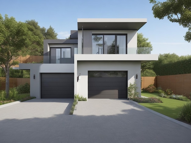 Una casa moderna con un garage e una porta del garage e un posto auto da giardino