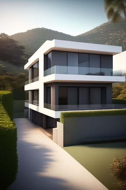 Una casa moderna con una montagna sullo sfondo