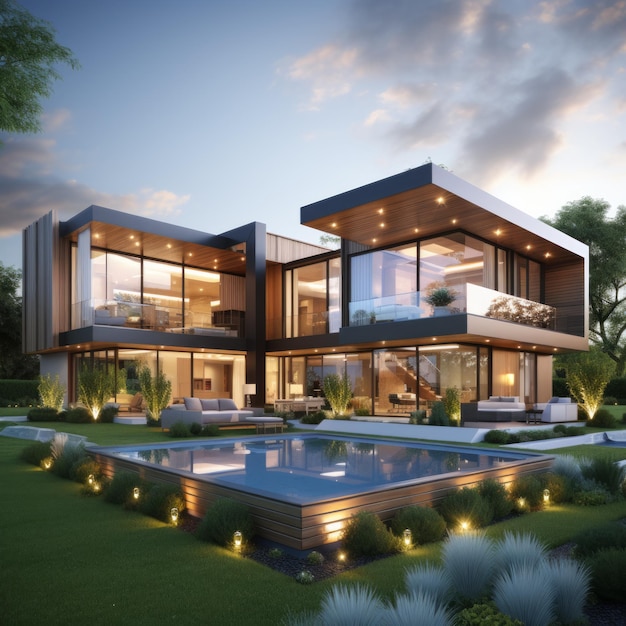 Una casa moderna con una piscina e un bellissimo paesaggio