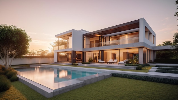 Una casa moderna con una piscina e una casa sullo sfondo
