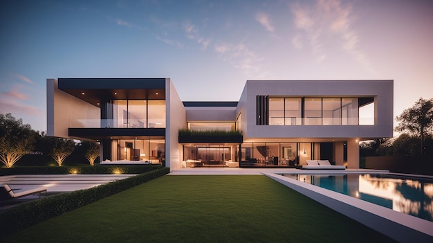 Una casa moderna con una piscina in primo piano